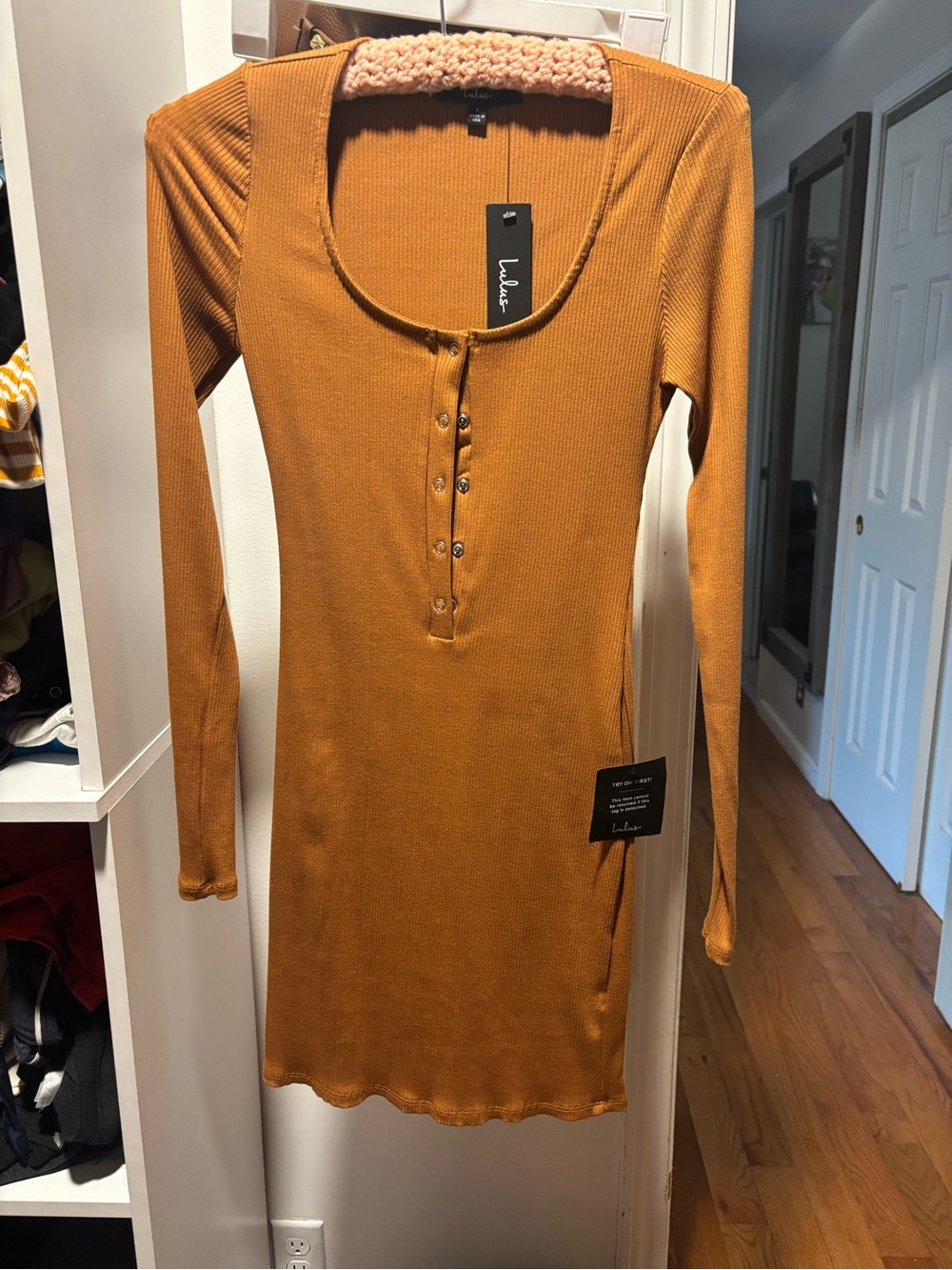 Lulu's Mustard Ribbed Henley Long Sleeve Dress Top